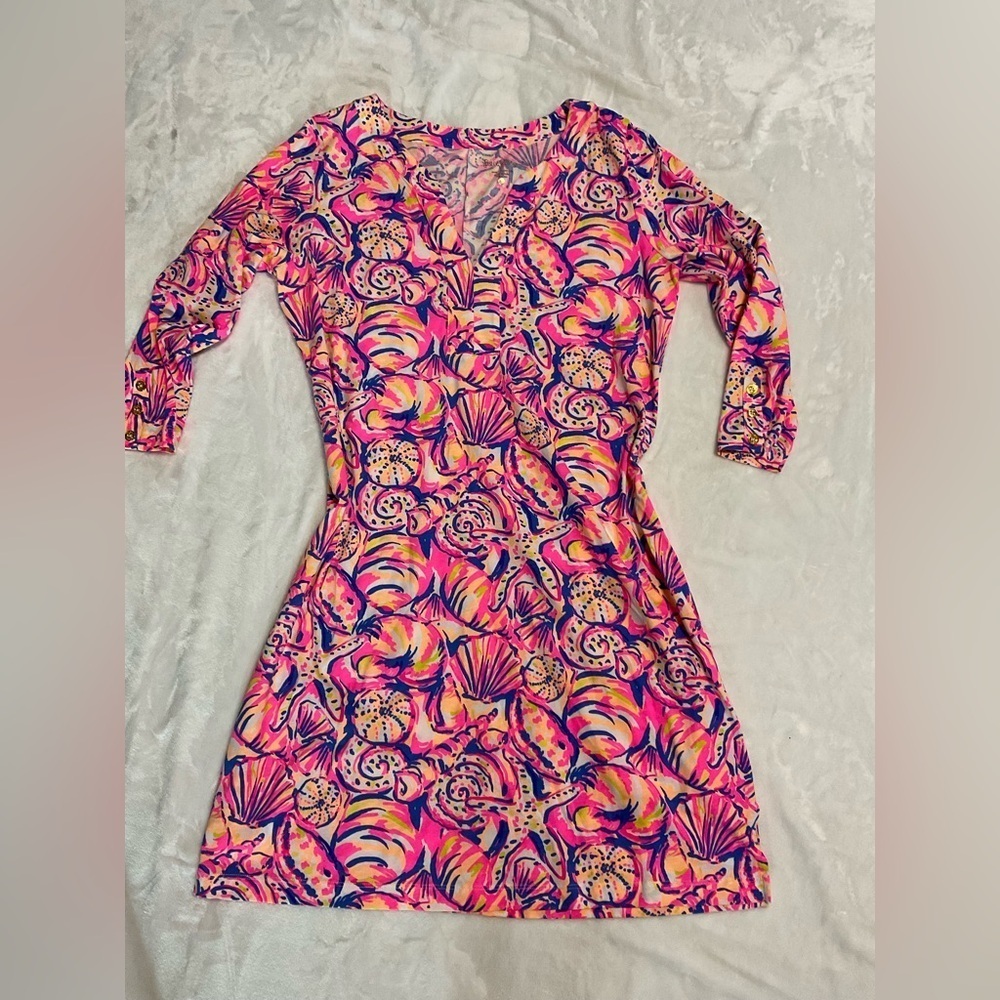 Lilly Pulitzer 3/4 Sleeve Shift Dress Pima Cotton Shells Pink